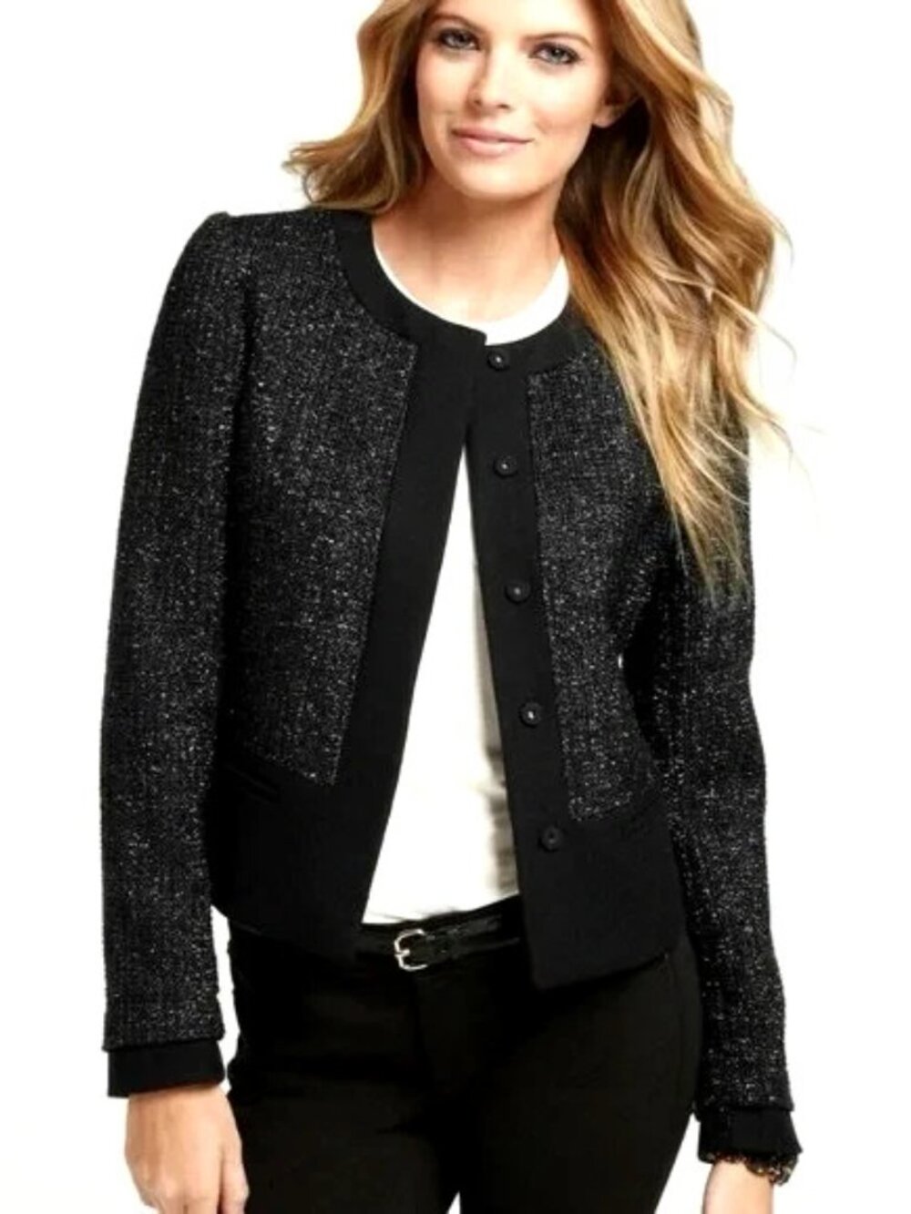 Ann Taylor Women's Wool Blend Shimmer Tweed in Black Blazer Jacket ~ Size 2